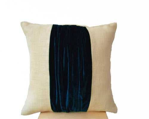 Pleats in Luxe Navy Blue Velvet on Ivory Burlap Pillow Cover Color Block Pillow For Designer Home Decor