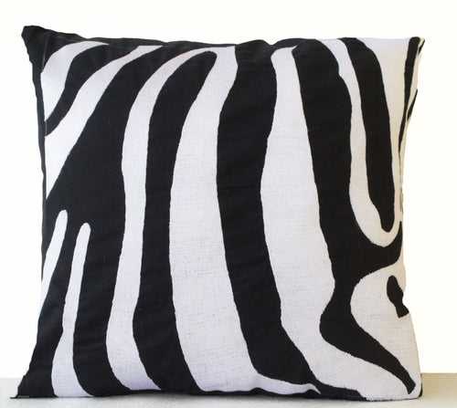 Zebra Striped Hand Embroidered Accent Pillow Case Black White Linen Animal Cushion