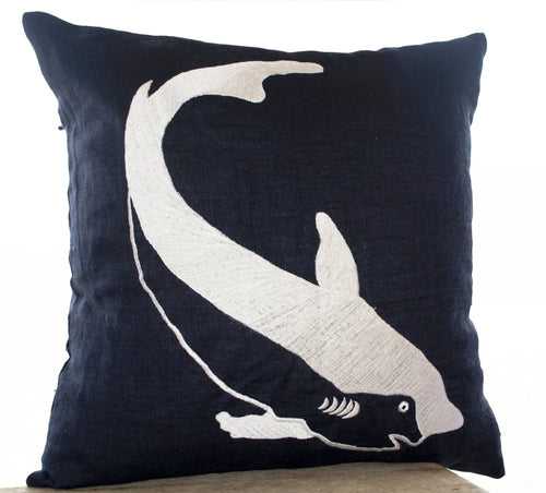 Linen Pillows- Navy Pillow Covers- Shark Throw Pillow- Sea Life Pillow- Navy Blue Pillow- Oceanic pillows- 18x18 Gift Pillow- Chair Pillow