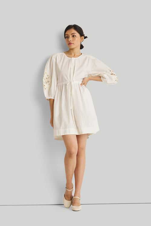 Shirt Dress with Balloon Sleeves in White