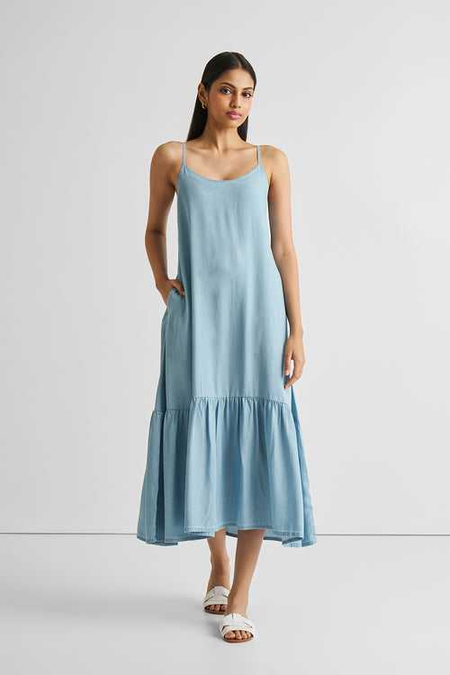 Flowy Maxi Dress in Blue Denim