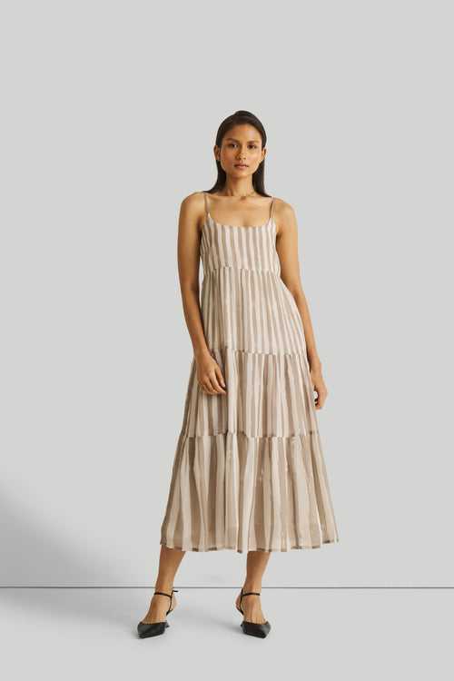 Strappy Tiered Maxi Dress in Beige Stripes