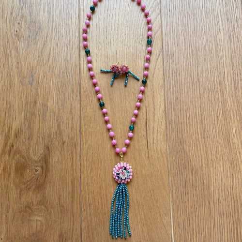 Rose Pink Floral Blue Tassel Necklace