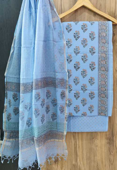 Cotton Hand Block Printed Dress Material With Kota Dupatta-DSFOKOOCT12097