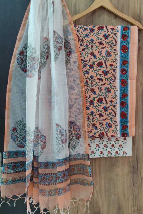 Cotton Hand Block Printed Dress Material With Kota Dupatta-DSFOKOOCT12104