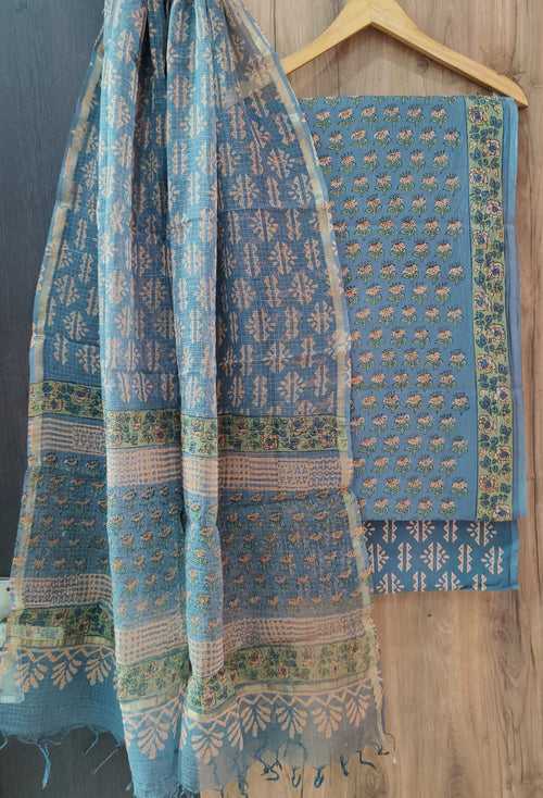 Cotton Hand Block Printed Dress Material With Kota Dupatta-DSFOKOOCT12133
