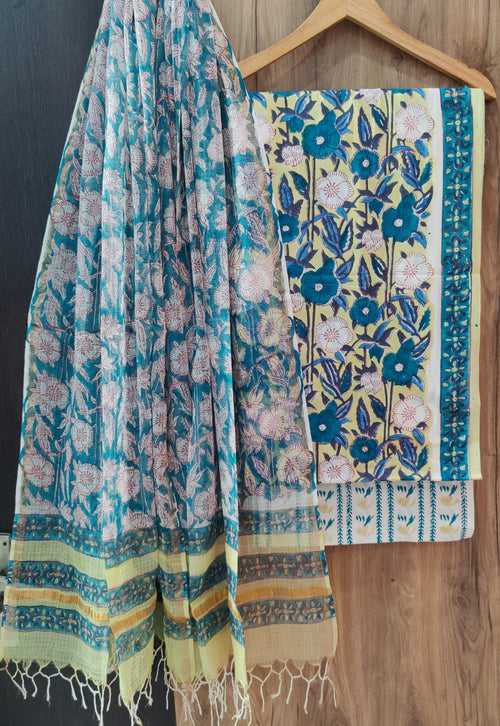 Cotton Hand Block Printed Dress Material With Kota Dupatta-DSFOKOOCT12071
