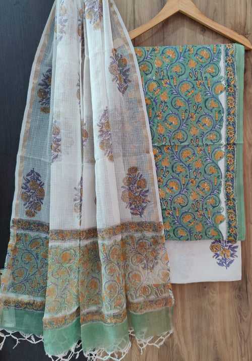 Cotton Hand Block Printed Dress Material With Kota Dupatta-DSFOKOOCT12110