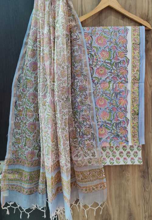 Cotton Hand Block Printed Dress Material With Kota Dupatta-DSFOKOOCT12068