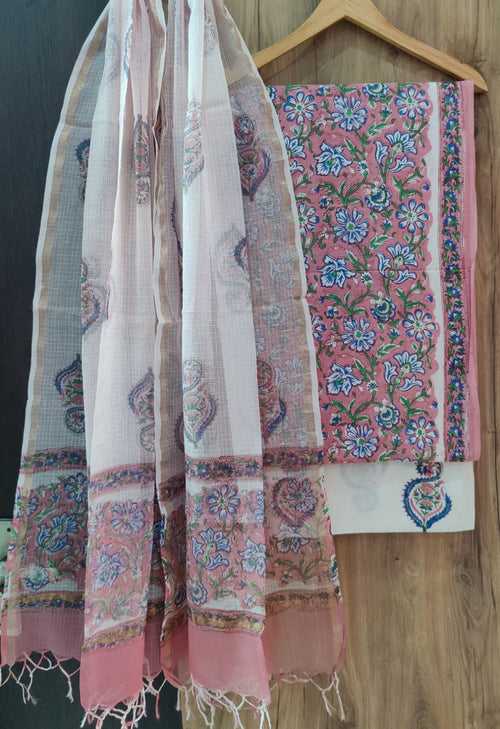 Cotton Hand Block Printed Dress Material With Kota Dupatta-DSFOKOOCT12120
