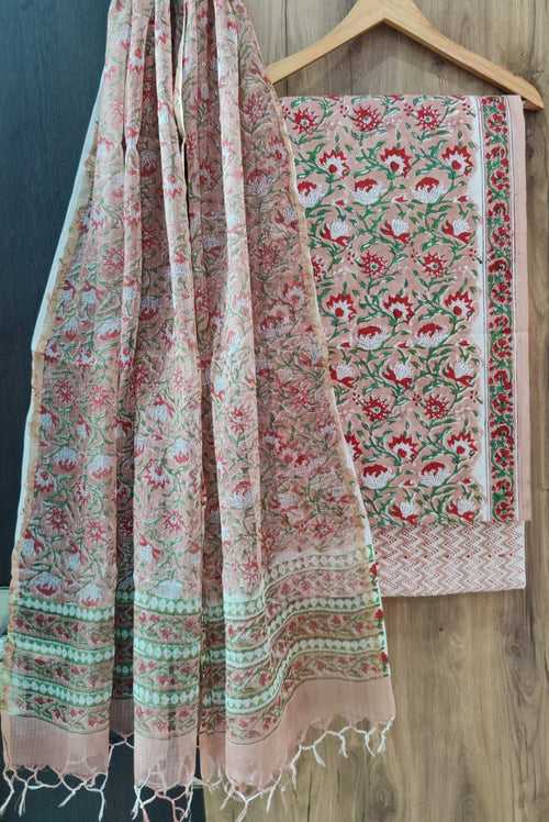Cotton Hand Block Printed Dress Material With Kota Dupatta-DSFOKOOCT12088