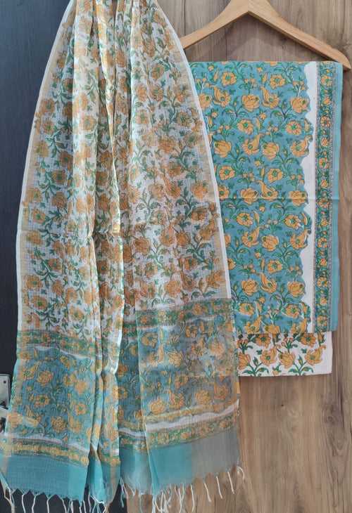 Cotton Hand Block Printed Dress Material With Kota Dupatta-DSFOKOOCT12063