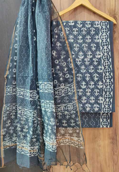 Cotton Hand Block Printed Dress Material With Kota Dupatta-DSFOKOOCT12127