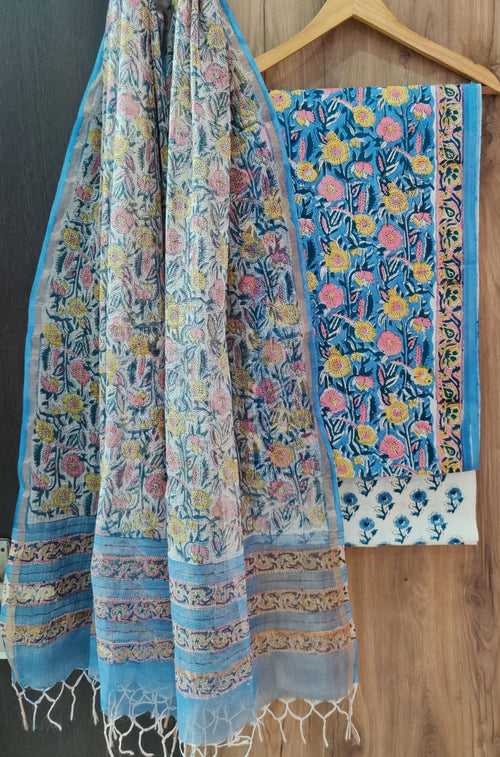 Cotton Hand Block Printed Dress Material With Kota Dupatta-DSFOKOOCT12066