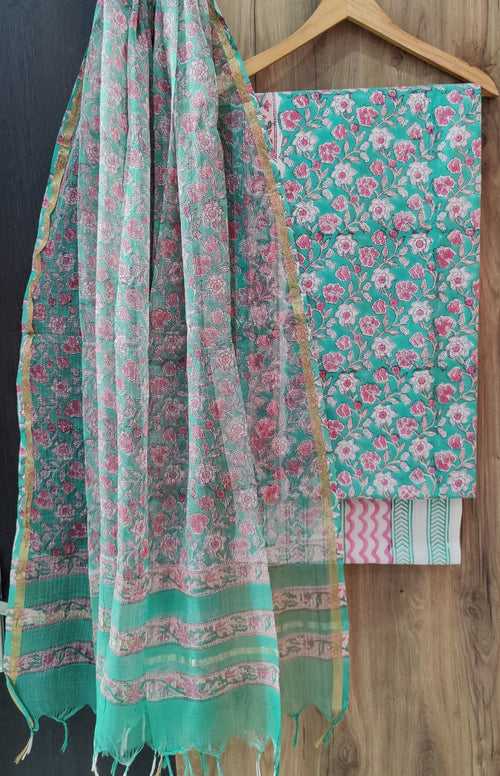 Cotton Hand Block Printed Dress Material With Kota Dupatta-DSFOKOOCT12081