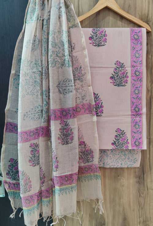 Cotton Hand Block Printed Dress Material With Kota Dupatta-DSFOKOOCT12096