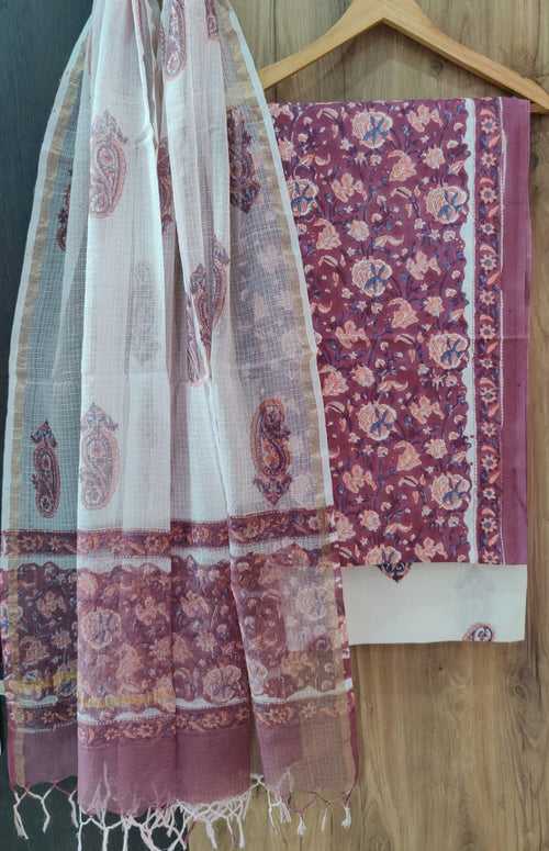 Cotton Hand Block Printed Dress Material With Kota Dupatta-DSFOKOOCT12108