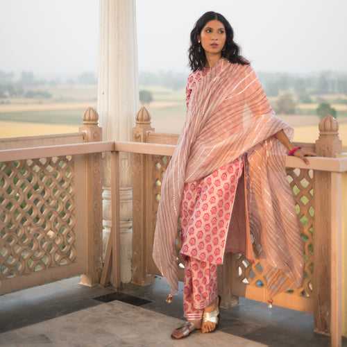 Rani Pink Chanderi Printed Straight Kurta Set