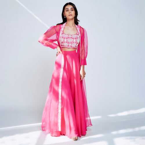 SHUCHI Pink Organza Cape Set With Blouse And Palazzo