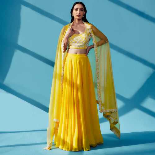 YAMI Yellow Georgette Skirt Set With Blouse And Dupatta