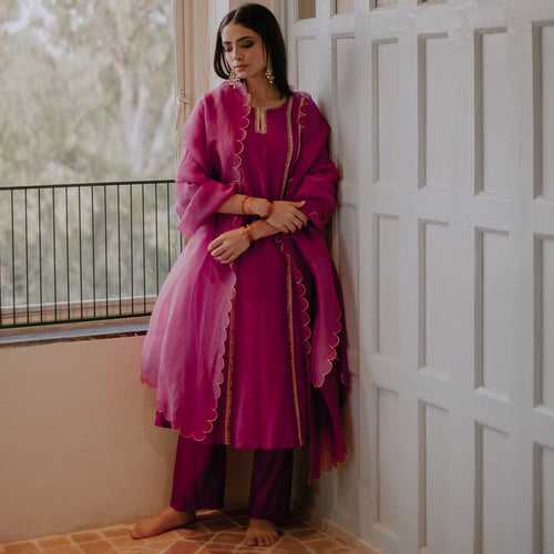 Aryahi Wine A-Line Chanderi Kurta Set