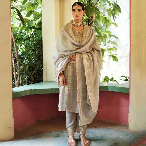 Chaandi Grey A Line Kurta Set