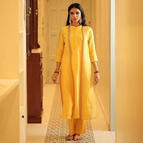 Deeta Yellow Jacket Style Straight Chanderi Kurta With Pants