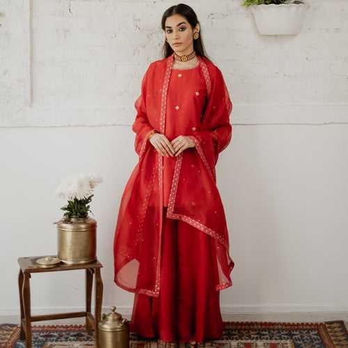 Jina Red Short Chanderi Kurta Set