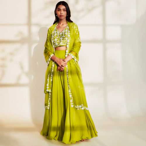 MALIKA Green Georgette Skirt Set With Blouse And Dupatta