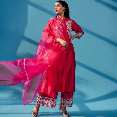 MRIDUL Pink Straight Silk Chanderi Kurta Set