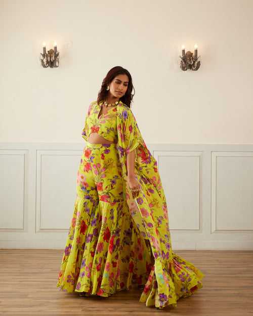 Lime Green cape & sharara set with floral bustier