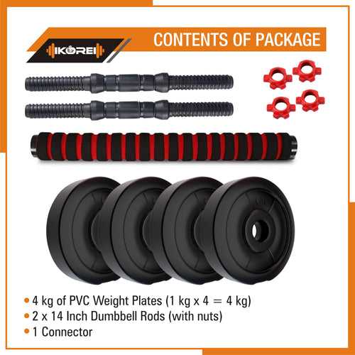 Kore PVC DM 4-40 Kg 3 IN 1 Convertible Dumbbells Set and Fitness Kit for Men and Women Whole Body Workout (PVC-DM-COMBO16-CON)