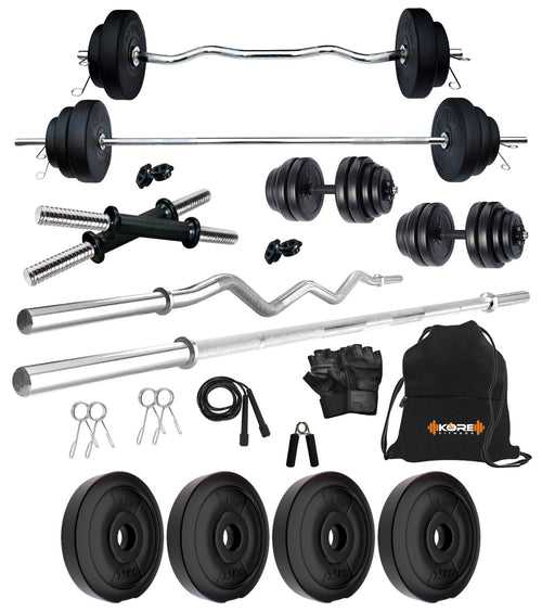 Kore PVC 10-100 kg Home Gym Set with One 3 Ft Curl + 5 Ft Plain Rod and One Pair Dumbbell Rods with Gym Accessories (PVC-COMBO2)