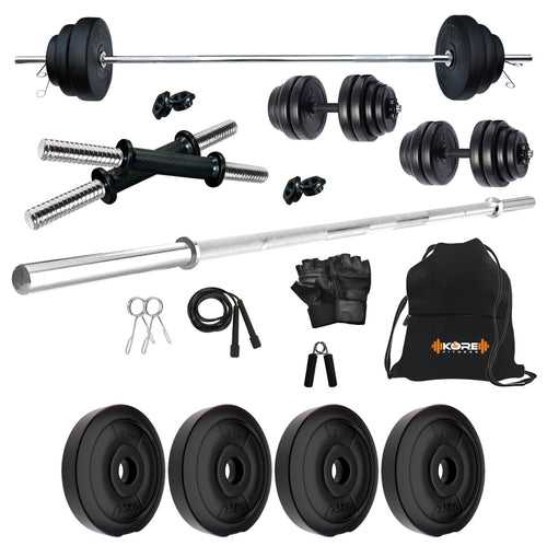 Kore PVC 10-100 kg Home Gym Set with One 4 Ft Plain and One Pair Dumbbell Rods with Gym Accessories (PVC-COMBO9)