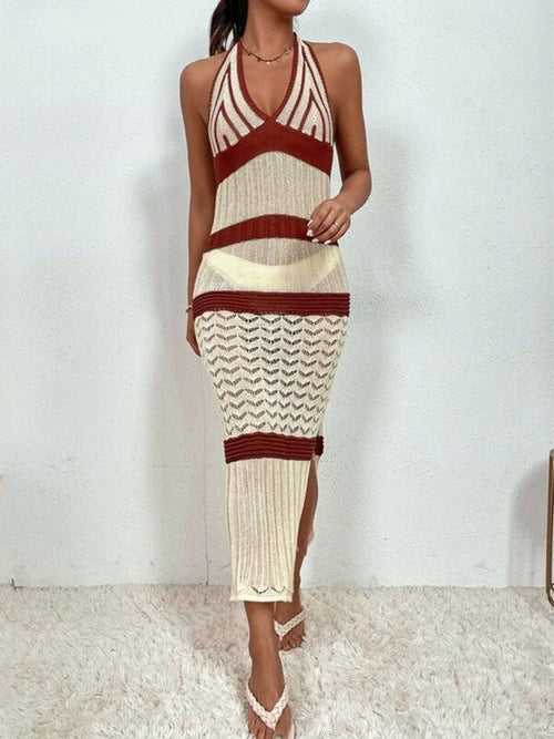 V neck Halter Knitted Striped Bikini Swimsuit Beach Dress