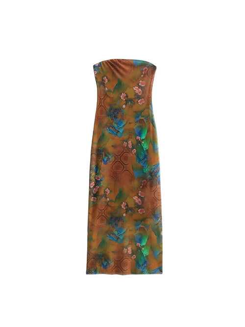 Brown Floral Print Mesh Tube Dress