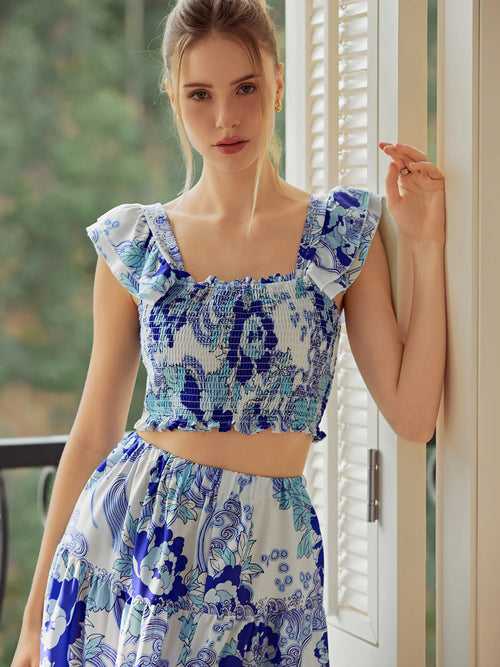 Blue Floral Print Cami Top & Skirt Coord Set