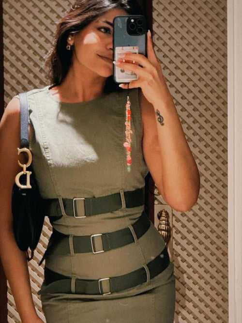 Olive Green Short Dress with 3 Belt