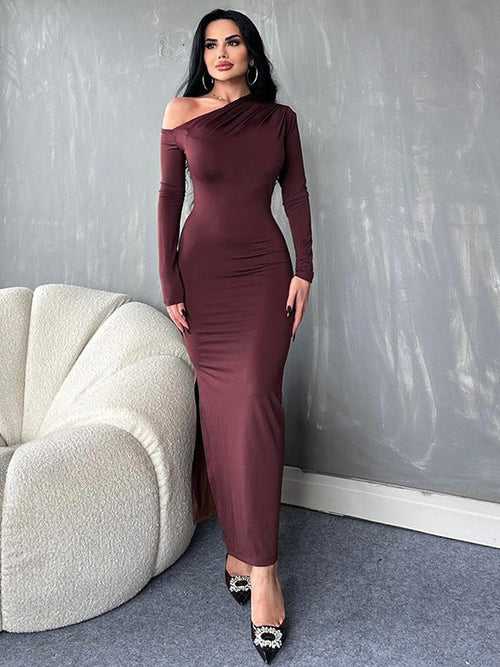 Burgundy One Shoulder High Waist Dress Asymmetric Dress