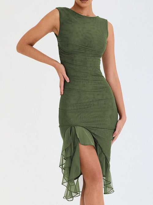 Round Neck Sleeveless Backless Pleated Midi Dress