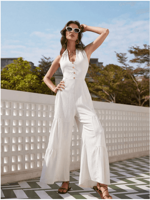 Wide Leg Backless Halterneck Knotted Jumpsuit