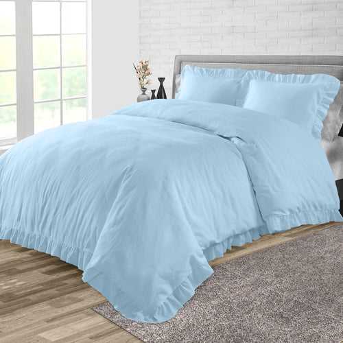 Light Blue Trimmed Ruffled Duvet Cover