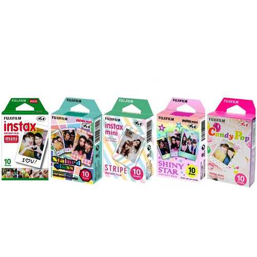 Fujifilm Instax Mini Instant Film 5 Pack BUNDLE, Candy Pop, Stained Glass, Stripe, Shiny Star, Single pack : 10 sheets X 5 Pack