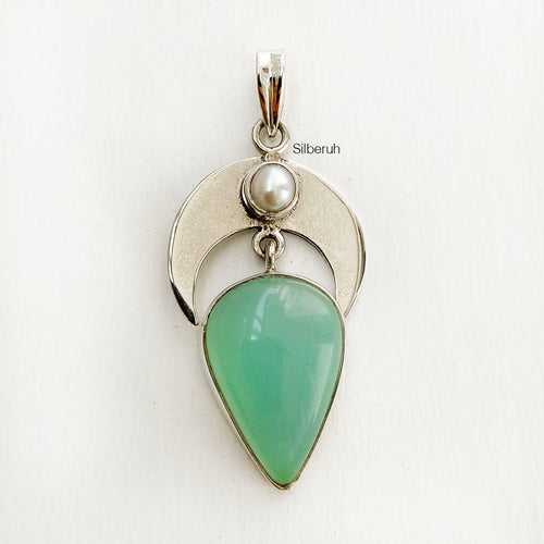 Aqua Chalcedony & Pearl Silver Pendant