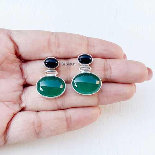 Green Onyx & Black Onyx Silver Earring