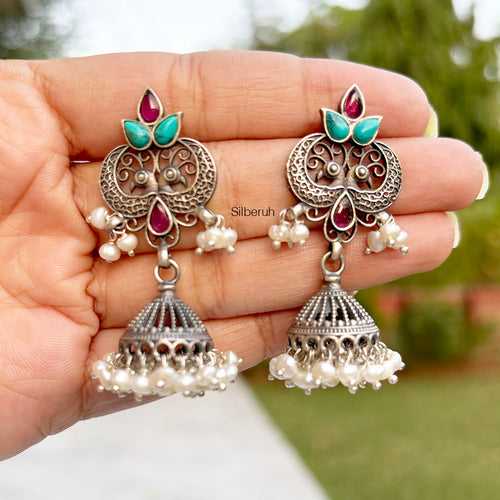 Turquoise & Pearl Silver Jhumka