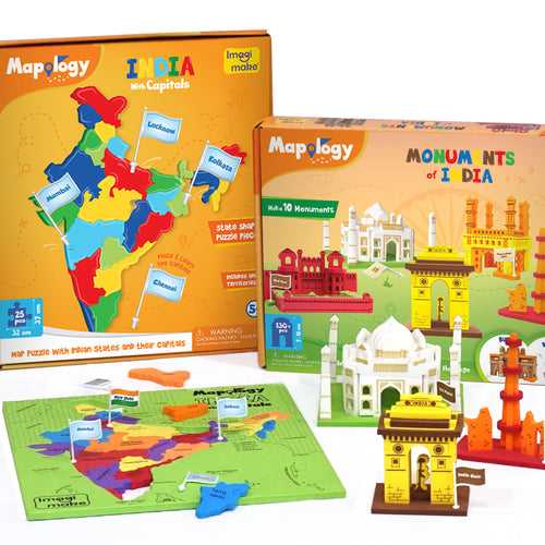 Mapology Ultimate Indian Combo: India with Capitals Map Puzzle & Monument of India Construction Set