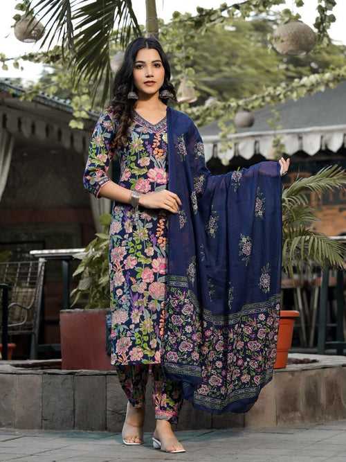 Women Navy Blue Floral Printed Cotton Kurti Stylish Bottom With Printed Dupatta Suit