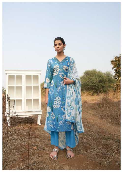 Women Light Blue Floral Printed Cotton Kurti Stylish Bottom With Printed Dupatta Suit