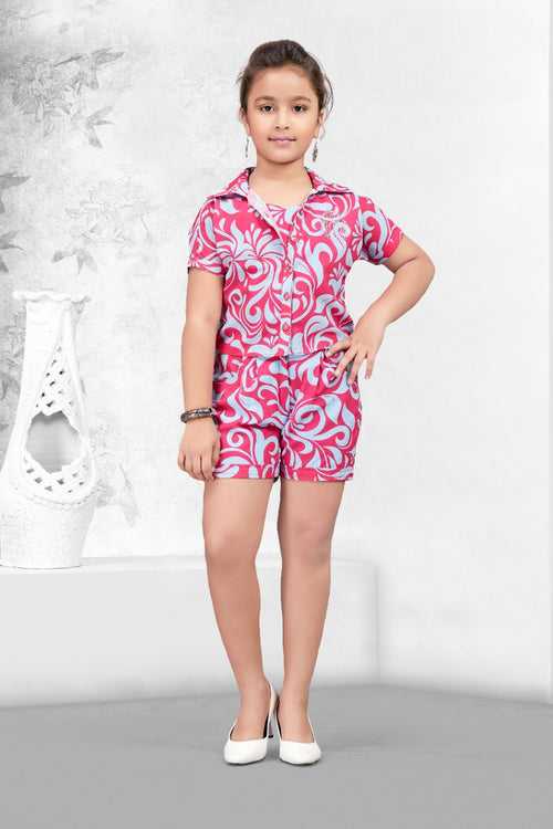 Girls Red Fancy Collar Style Printed Top With Inner & Printed Shorts Suit